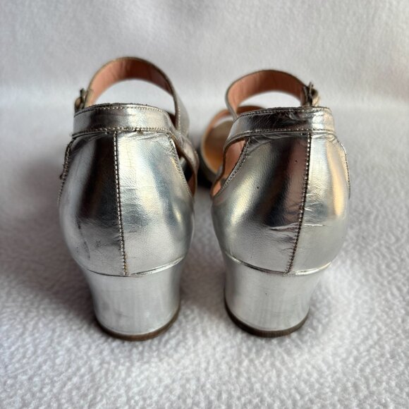 Vintage Silver Chunky Heel Peep Toe Heels Pumps - Picture 6 of 12